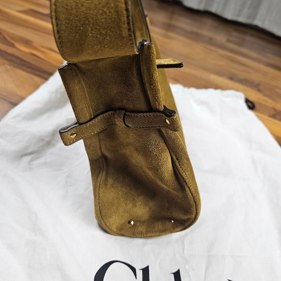 Chloe Logo Charm Hobo Bag Khaki Suede Gold Shoulder Bag - Picture 5 of 11